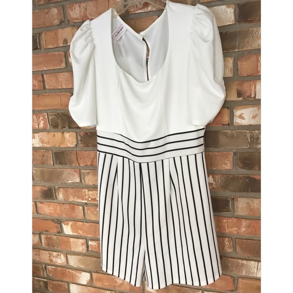 Find Me Plus Size Black and White Striped Square Neckline Romper - Picture 5 of 7